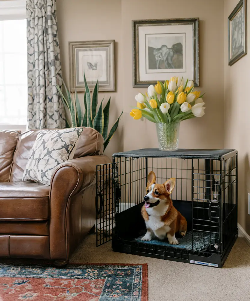 a dog crate in the corner of the living room by the couch.