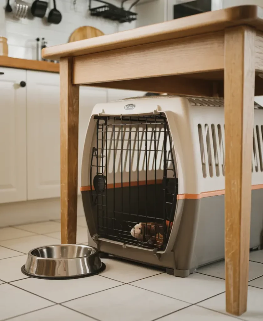 a place for a dog crate under the kitchen table