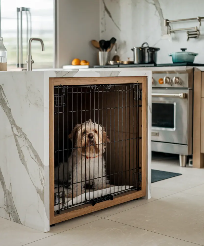 a dog crate built into the kitchen cabinet.