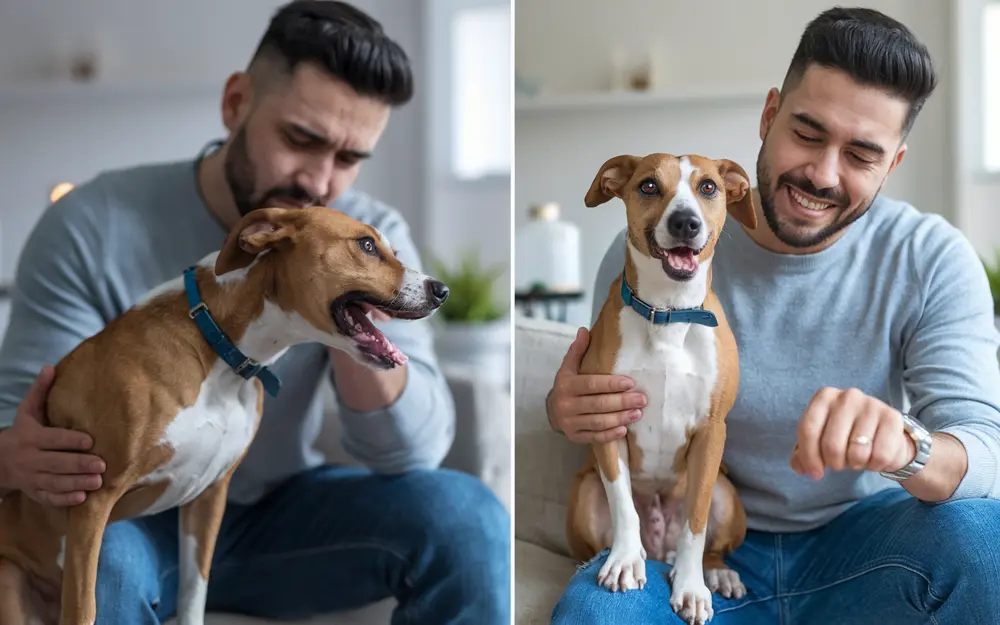 A photo split into two sections: before and after. In the first section, the owner is upset because his dog is barking a lot. In the second section, the owner is happy because the dog is calm and it is sitting on his hands.