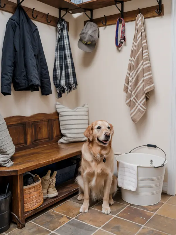 a hallway with things on hooks. on the floor there is a basin with a towel for washing paws. a golden retriever sits next to it.