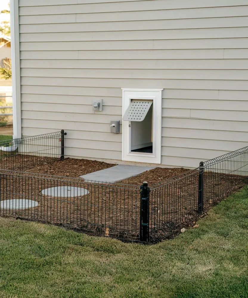 the dog door leads directly to the outdoor dog toilet, which is enclosed by a fence