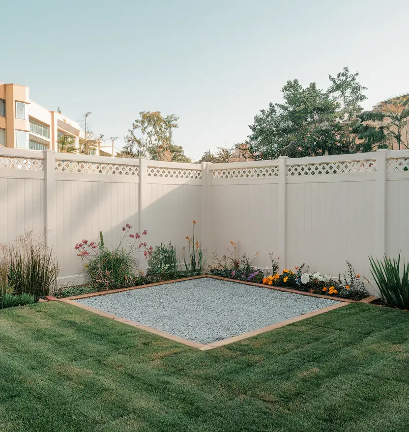  a separate place in the corner of the fence, which is covered with gravel. the rest of the surface is covered with a lawn