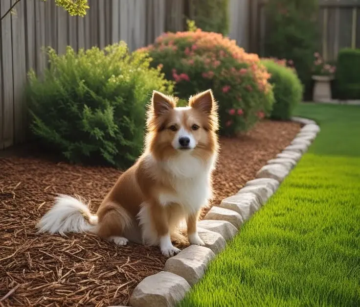 dog sits in the backyard of the house, near the fence. Beautiful landscaping, well-maintained lawn, bushes with flowers