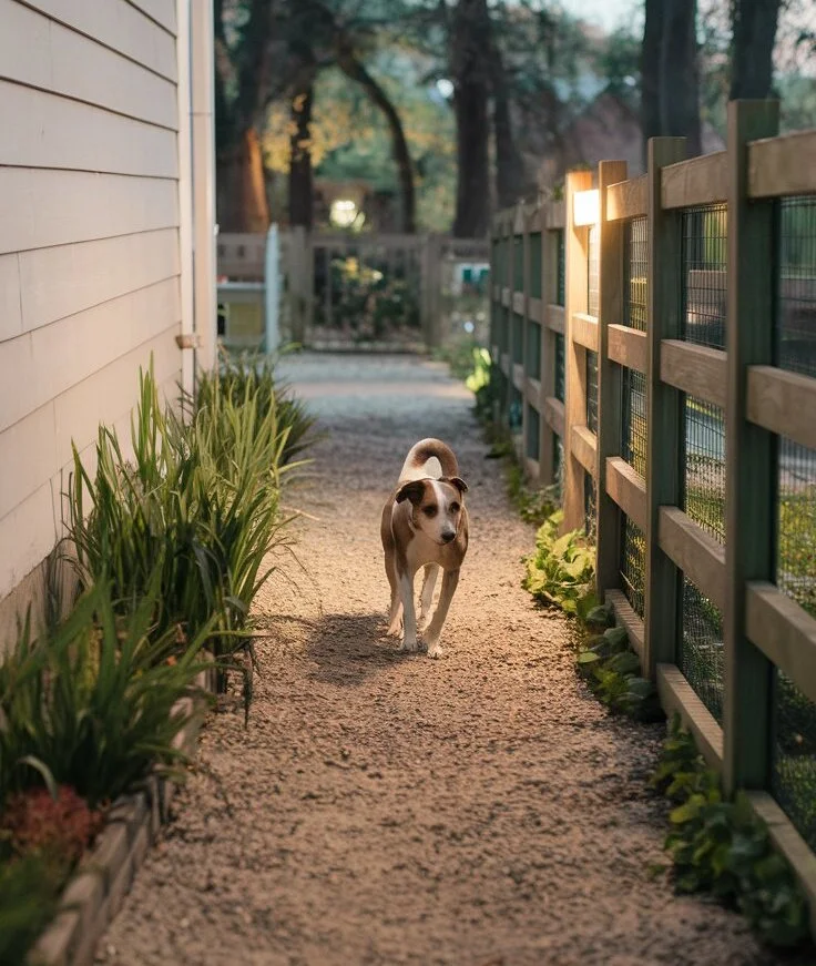 the dog walks in the passage between the house and the fence. greenery, soft light.