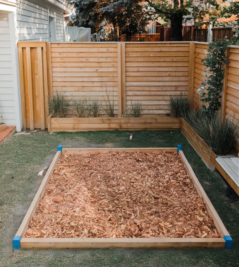 The final step in the construction of the outdoor dog potty area. the surface is covered with wood mulch and a fence made of wooden slats is installed around the perimeter.