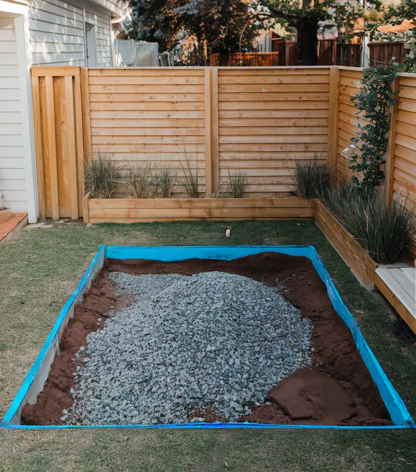 the third step in building an outdoor dog potty area. the pit was filled with pebbles to create a drainage layer.