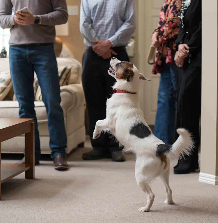 A photo of a dog barking at guests who have entered the house. The dog is standing on its hind legs and is barking at the guests. The dog has a fluffy white coat and is wearing a red collar. The guests are standing in the background. 