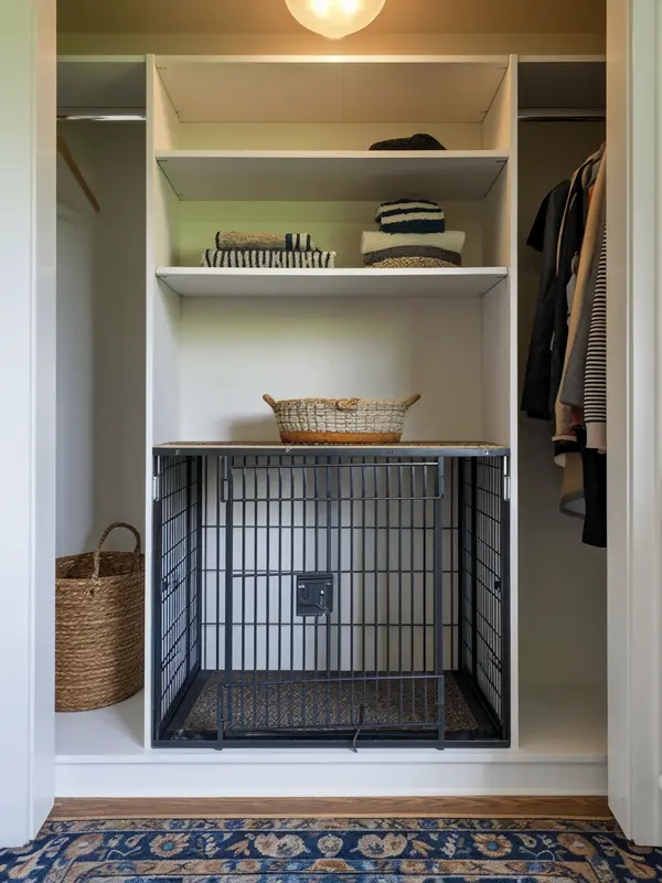 a dog crate built into a closet