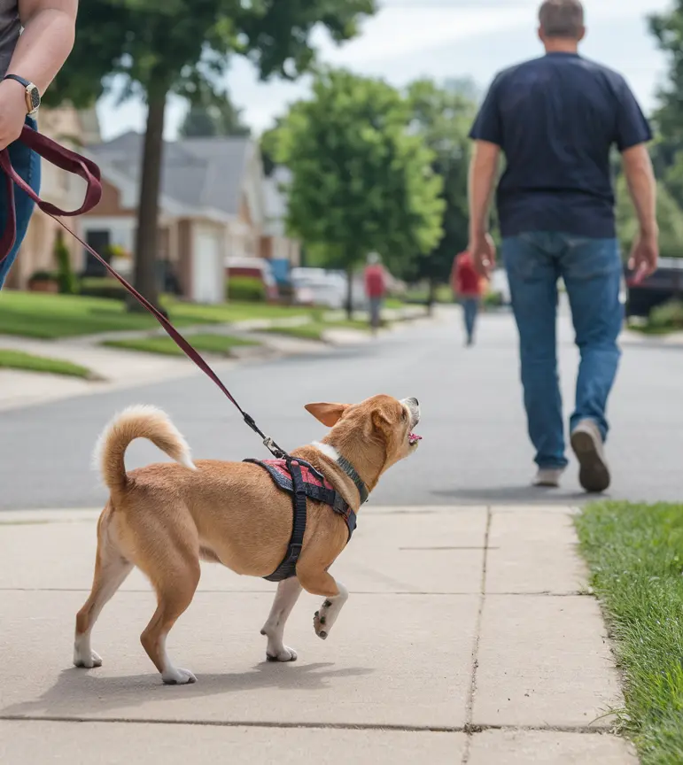 A photo of a small dog on a walk with its owner. The dog is barking loudly at a stranger who is walking in the distance. The dog is visibly nervous, with its fur standing on end and its body tense. The owner is holding the leash tightly. dog pulls on the leash. The background is a suburban neighborhood with houses and trees.