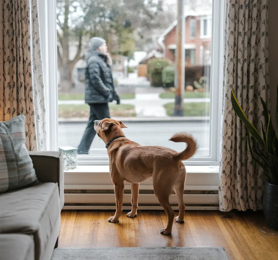 A photo of a dog standing and barking at a window in a living room because an unknown person is walking by outside. The dog is a medium-sized breed with a fluffy coat, standing on a wooden floor. 