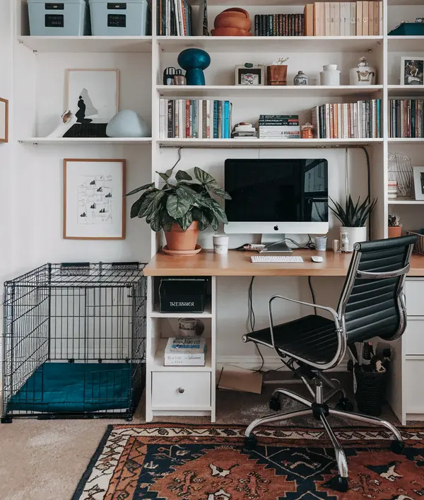 a place for a dog crate in the home office